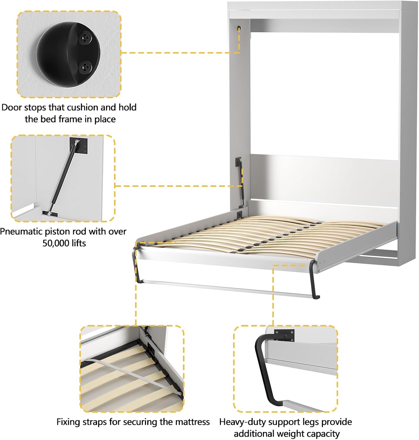 ROOMTEC Queen Size Murphy Bed with Smooth Pneumatic Lift, Space-Saving Wall Bed with Modern Cabinet Design, Easy Installation, Ideal for Guest Rooms, Home Offices, Fits 60"x80" Mattress - Image 4
