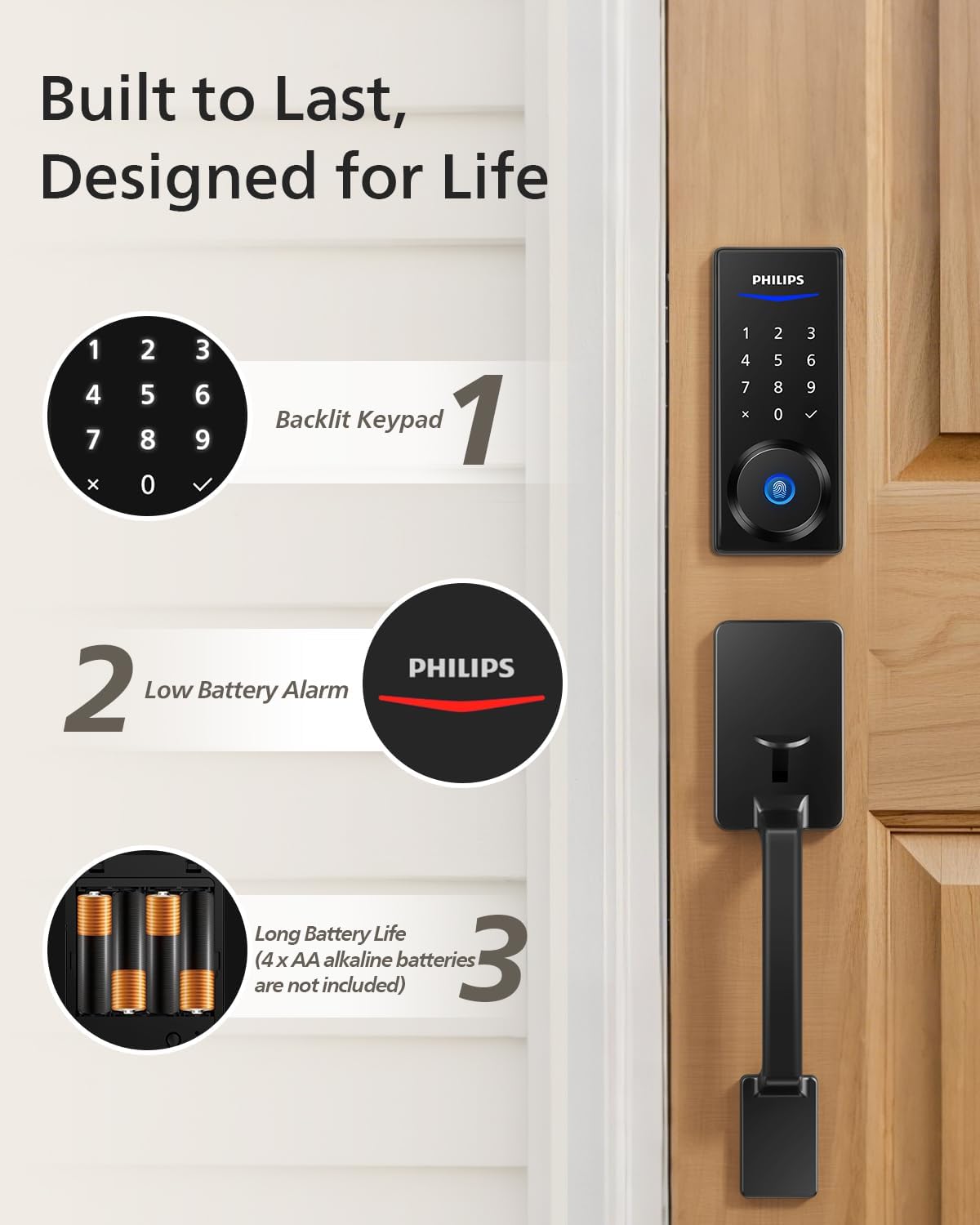Philips Wi-Fi Smart Lock with Handle, Keyless Entry Keypad Door Lock with Handle, Front Door Deadbolt Set with WiFi Gateway, App Control, Fingerprint Unlock, PIN Code Unlock, Auto Locking - Image 8