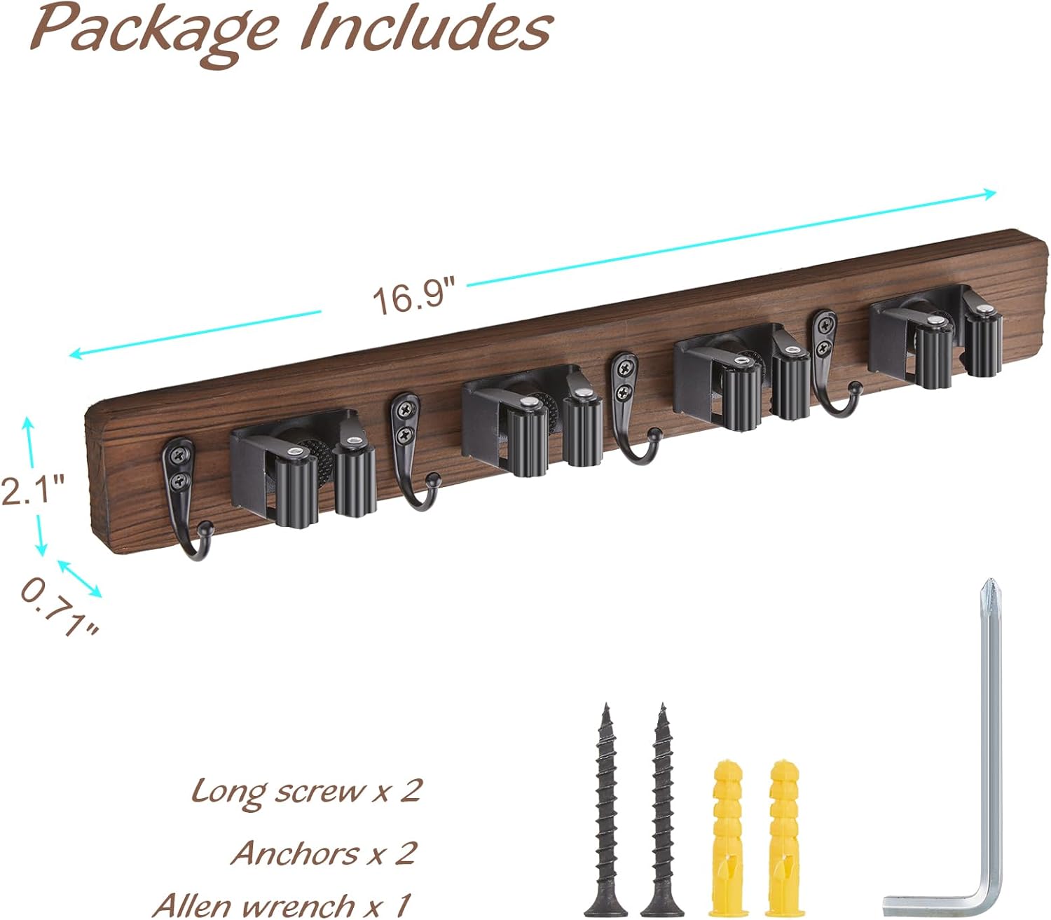 Mop and Broom Holder Wall Mount - Rustic Wood Broom Mop Hanger - Wall Mounted Garden Tool Rack Organizer for Closet Garage Laundry Room Kitchen Decor With 4 Slots & 4 Hooks - Image 6