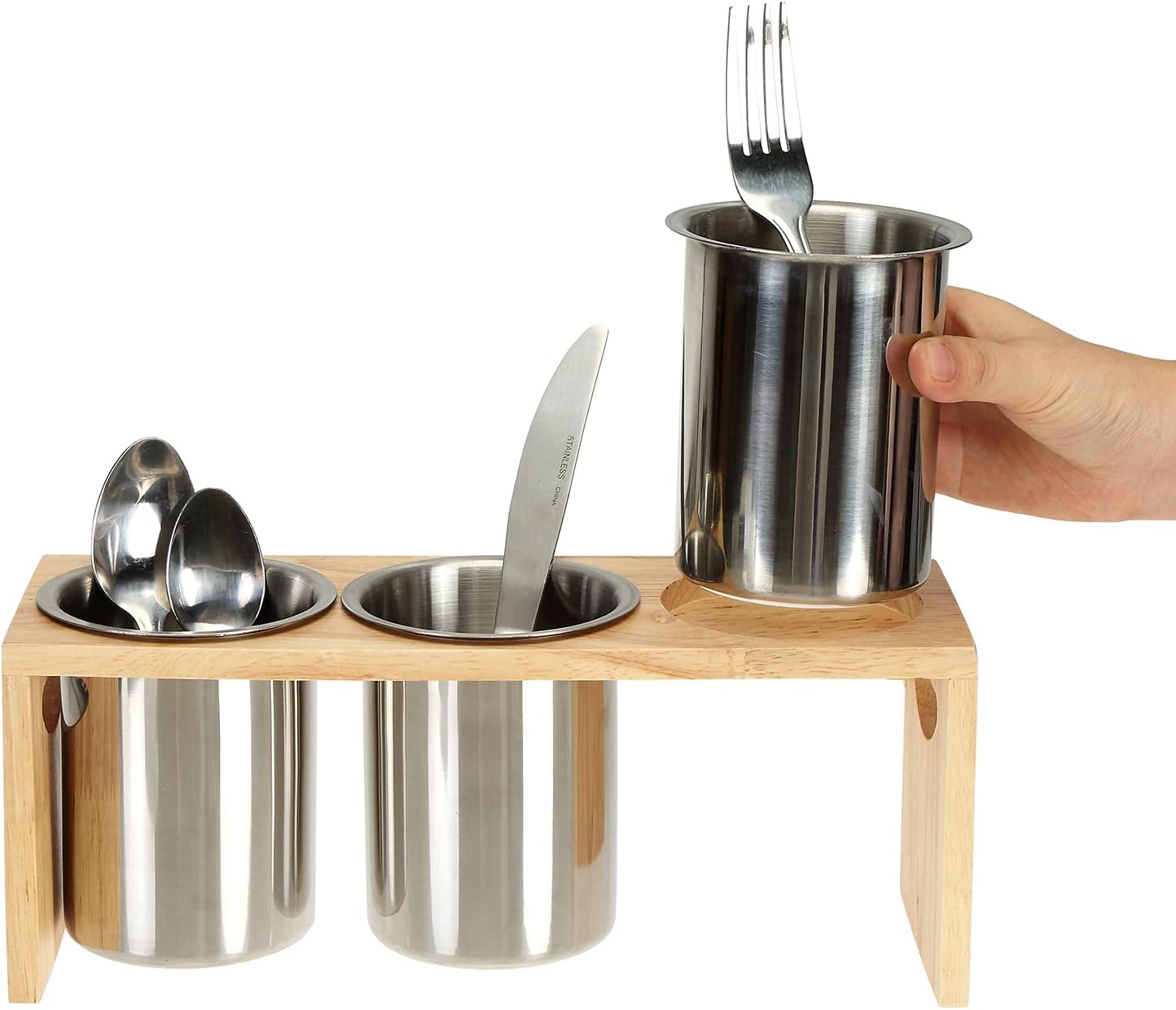 ZOOFOX 3 Pack Silverware Holder, Stainless Steel Utensil Organizer with Wood Base, Flatware Caddy for Spoons, Knives and Forks, Great for Kitchen Table, Cabinet, Pantry - Image 4