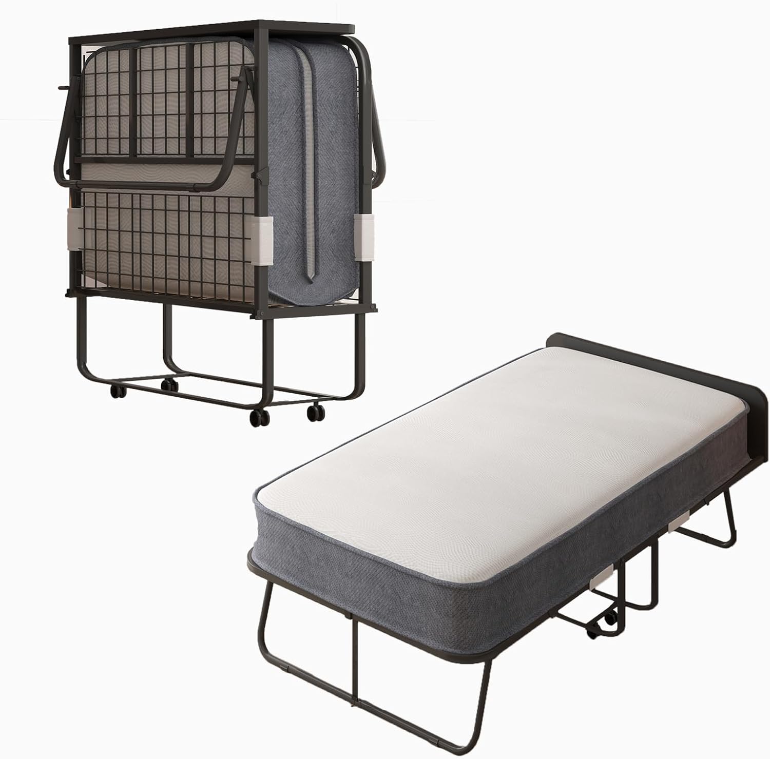 CECER Folding Bed with Mattress, 75" x 31" Rollaway Bed for Adults, 5 inch Thick Foam Mattress,Cot Size Portable Foldable Bed with Headboard & Sturdy Metal Frame,Fold Up, Roll Away - Image 4