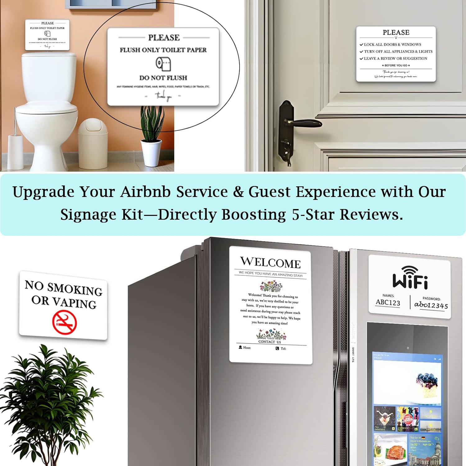 5 Acrylic Air BnB Sign Bundle, Magnetic Welcome Signs | Wifi Password Fridge Magnet, House Rules – Do Not Flush for Bathroom Toilet Guests | No Smoking Signage | STR Host | Rental Home | VRBO Signs - Image 2