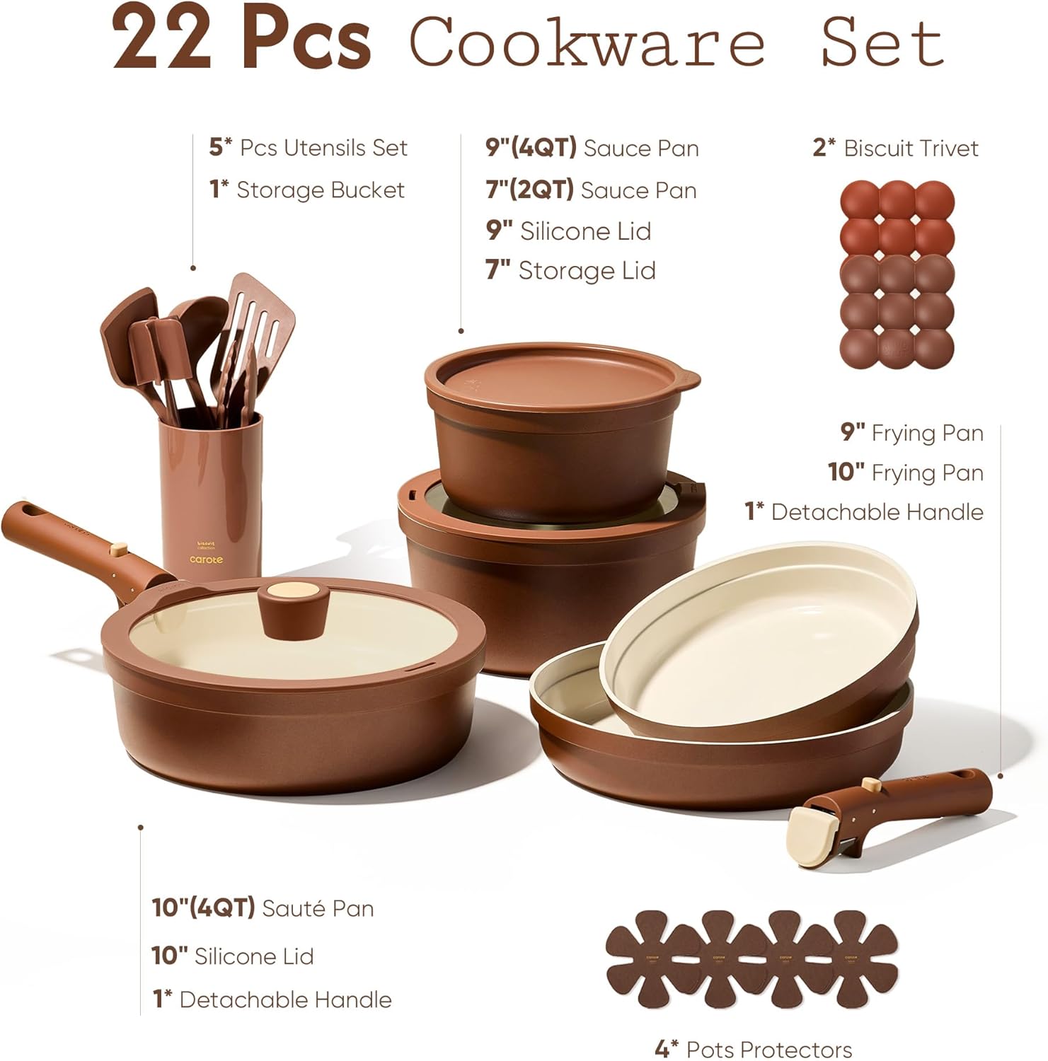 CAROTE 22Pcs Ceramic Cookware Set, Pots and Pans Set Non Stick Removable Handles, Non Toxic Cookware Oven/Dishwasher Safe, Induction Cookware, Gift Set, NonStick Cookware Set with Kitchen Essentials - Image 2