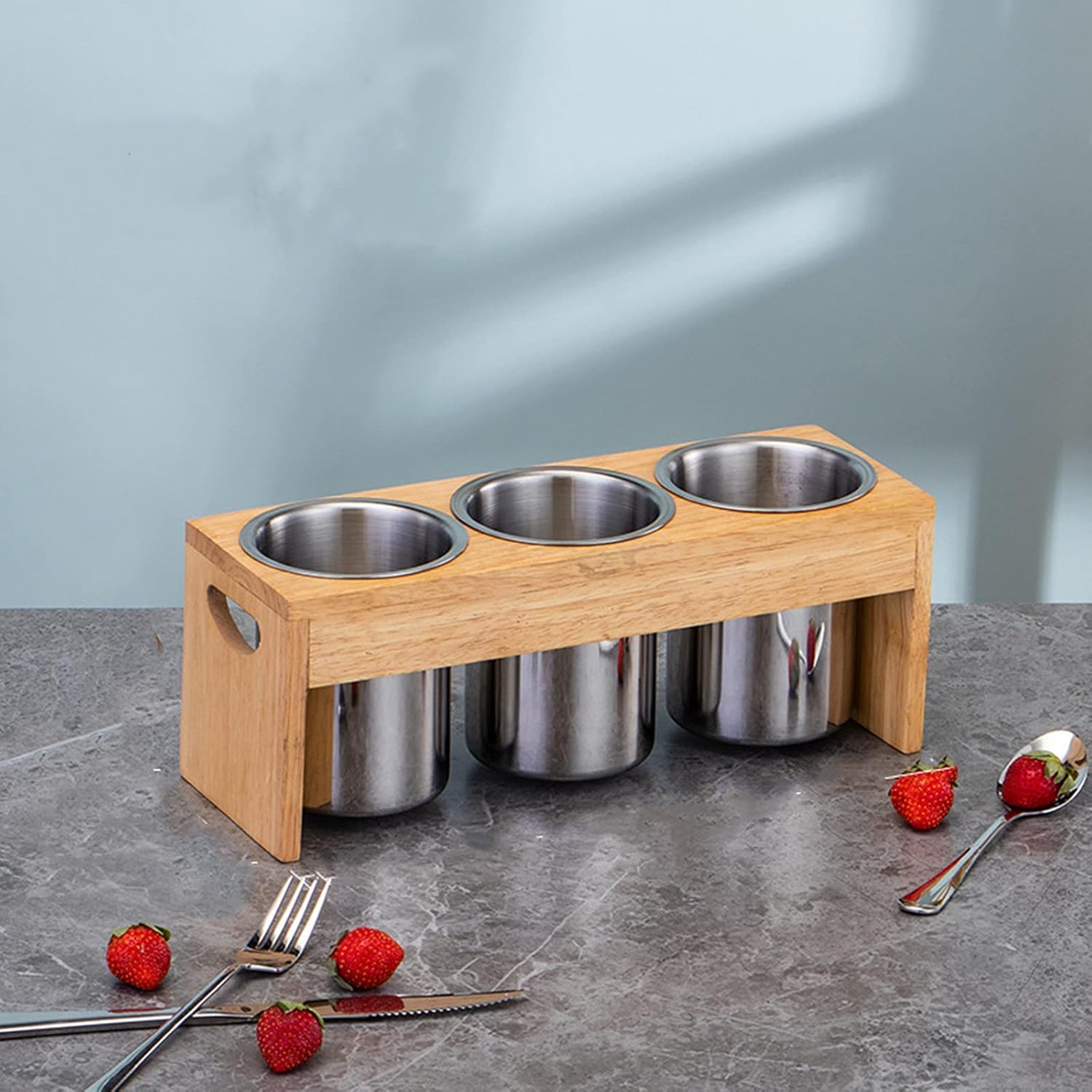 ZOOFOX 3 Pack Silverware Holder, Stainless Steel Utensil Organizer with Wood Base, Flatware Caddy for Spoons, Knives and Forks, Great for Kitchen Table, Cabinet, Pantry - Image 5