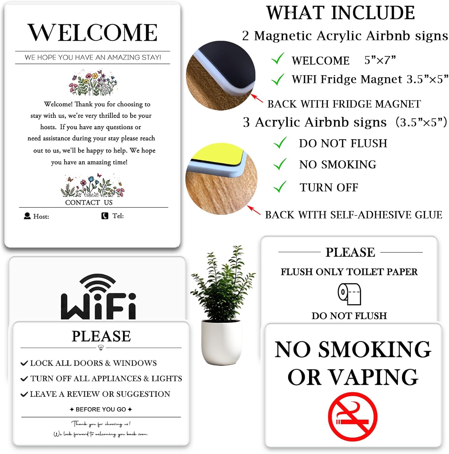 5 Acrylic Air BnB Sign Bundle, Magnetic Welcome Signs | Wifi Password Fridge Magnet, House Rules – Do Not Flush for Bathroom Toilet Guests | No Smoking Signage | STR Host | Rental Home | VRBO Signs - Image 3