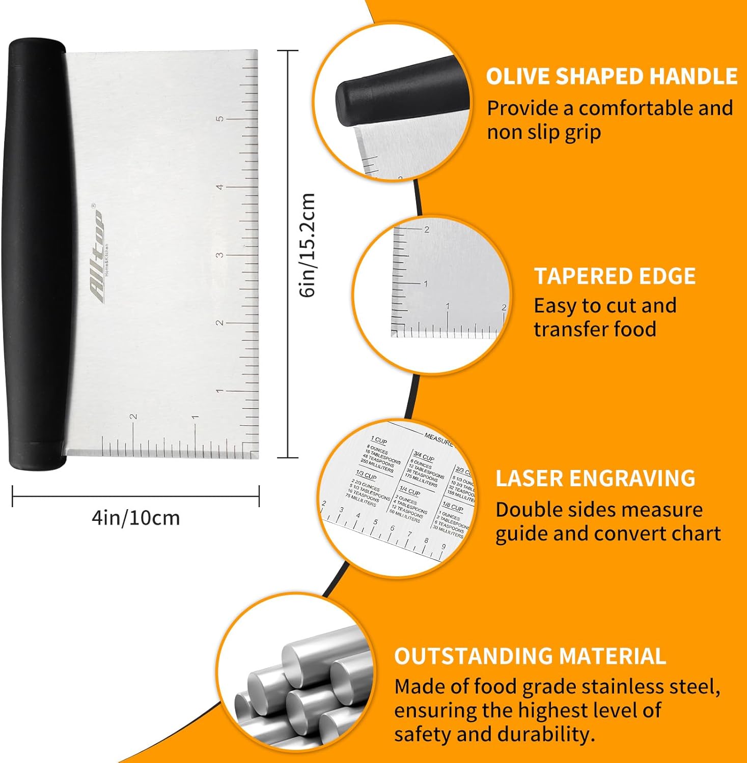 ALLTOP Bench Scraper & Chopper for Kitchen - Ideal Baking Essential Utensil,Stainless Steel Pastry/Dough/Food Cutter Tool for Cake Pizza Bread,Cooking - 1 Pack,Black - Image 2