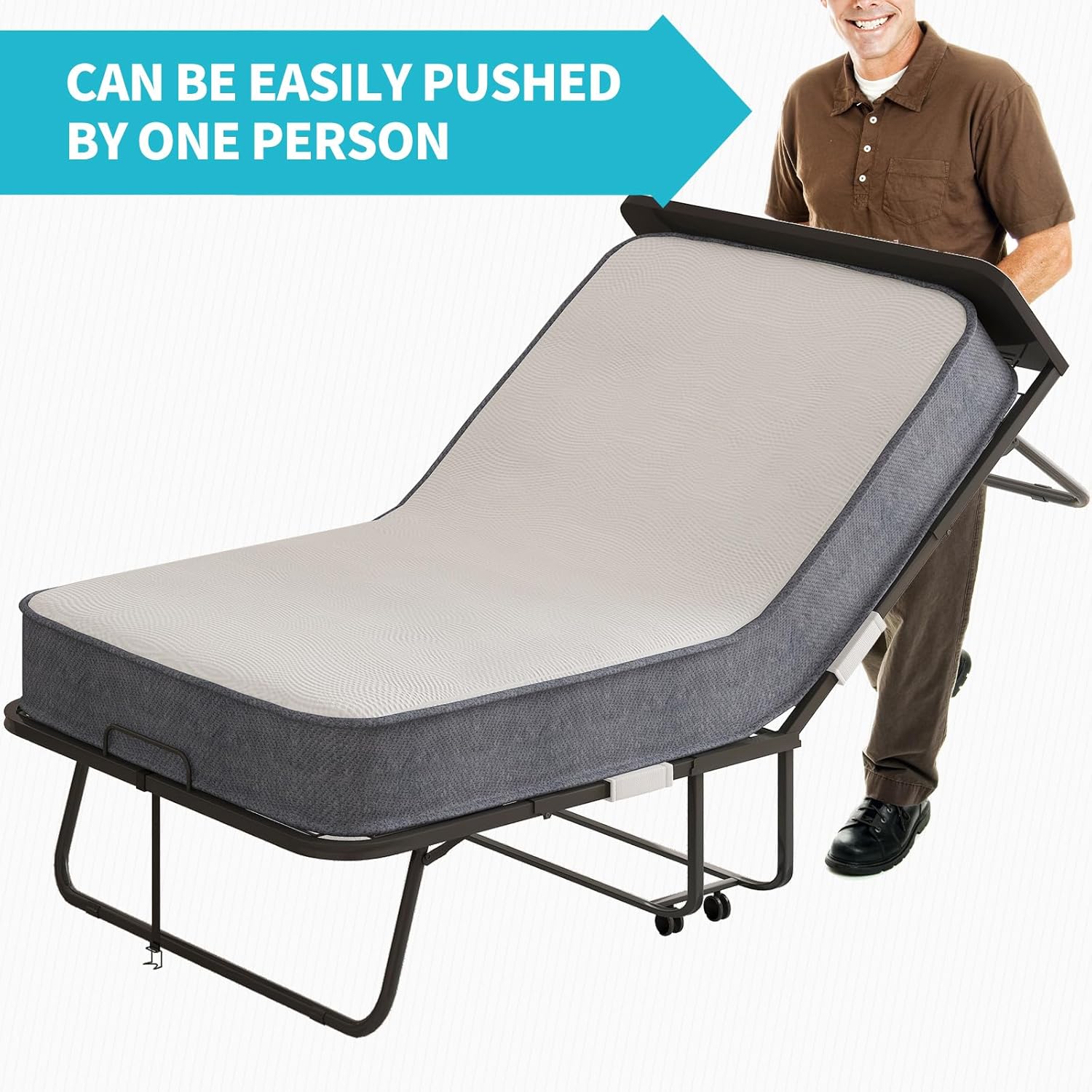 CECER Folding Bed with Mattress, 75" x 31" Rollaway Bed for Adults, 5 inch Thick Foam Mattress,Cot Size Portable Foldable Bed with Headboard & Sturdy Metal Frame,Fold Up, Roll Away - Image 9