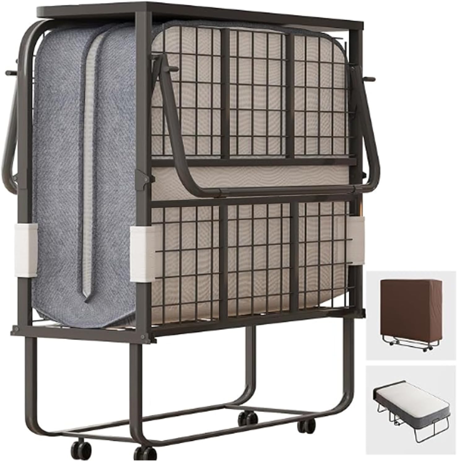 CECER Folding Bed with Mattress, 75" x 31" Rollaway Bed for Adults, 5 inch Thick Foam Mattress,Cot Size Portable Foldable Bed with Headboard & Sturdy Metal Frame,Fold Up, Roll Away