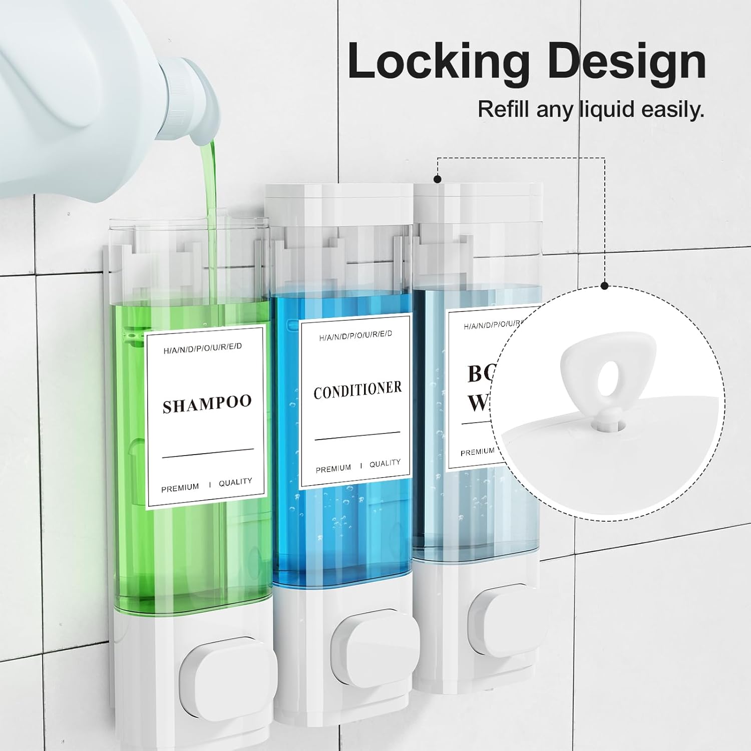 Shampoo and Conditioner Dispenser – Wall-Mounted Shower Soap Dispenser, No-Drill Installation, Lockable, 900 ml Capacity,for Bathroom & Hotel or Airbnb (White, 3-Pack) - Image 4