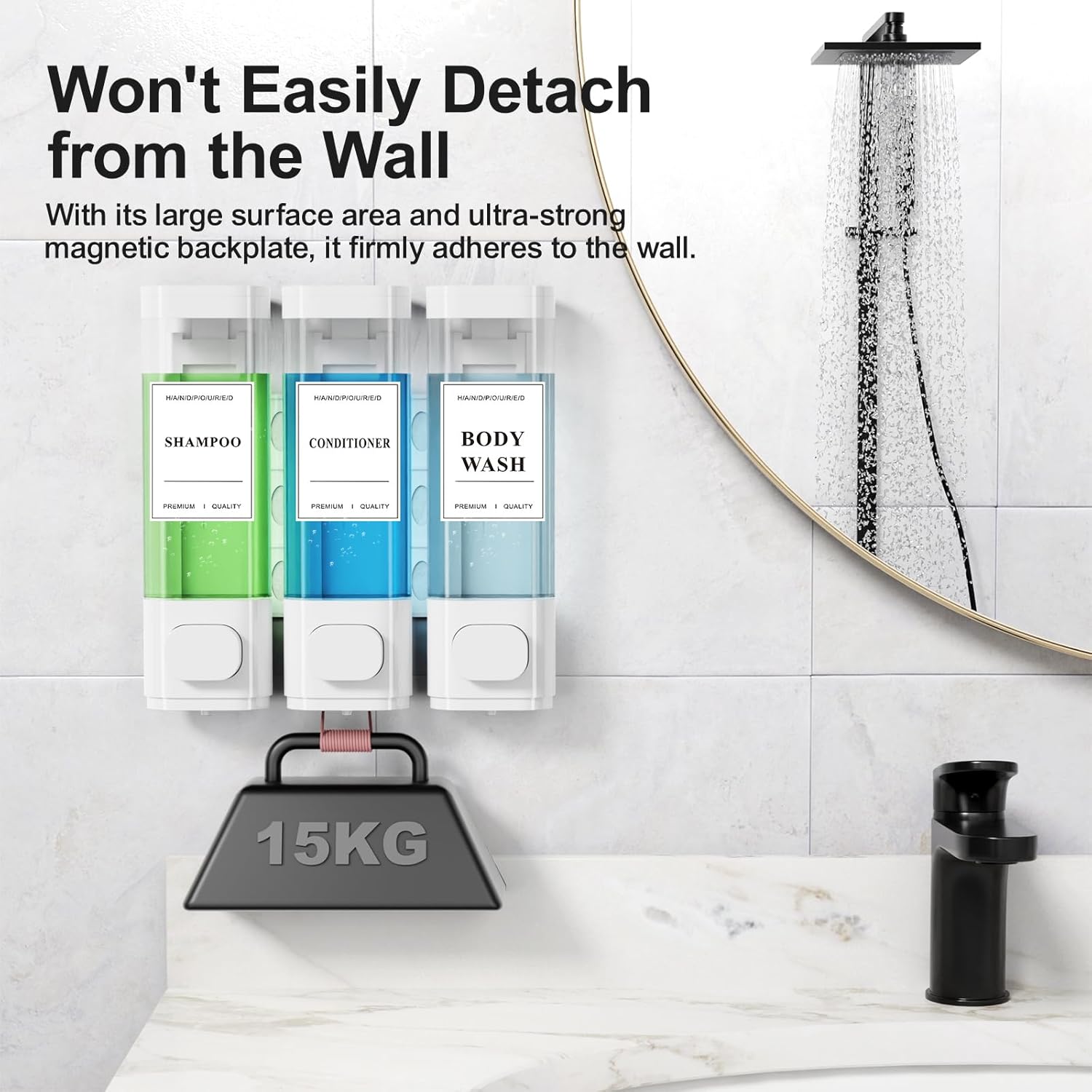Shampoo and Conditioner Dispenser – Wall-Mounted Shower Soap Dispenser, No-Drill Installation, Lockable, 900 ml Capacity,for Bathroom & Hotel or Airbnb (White, 3-Pack) - Image 5
