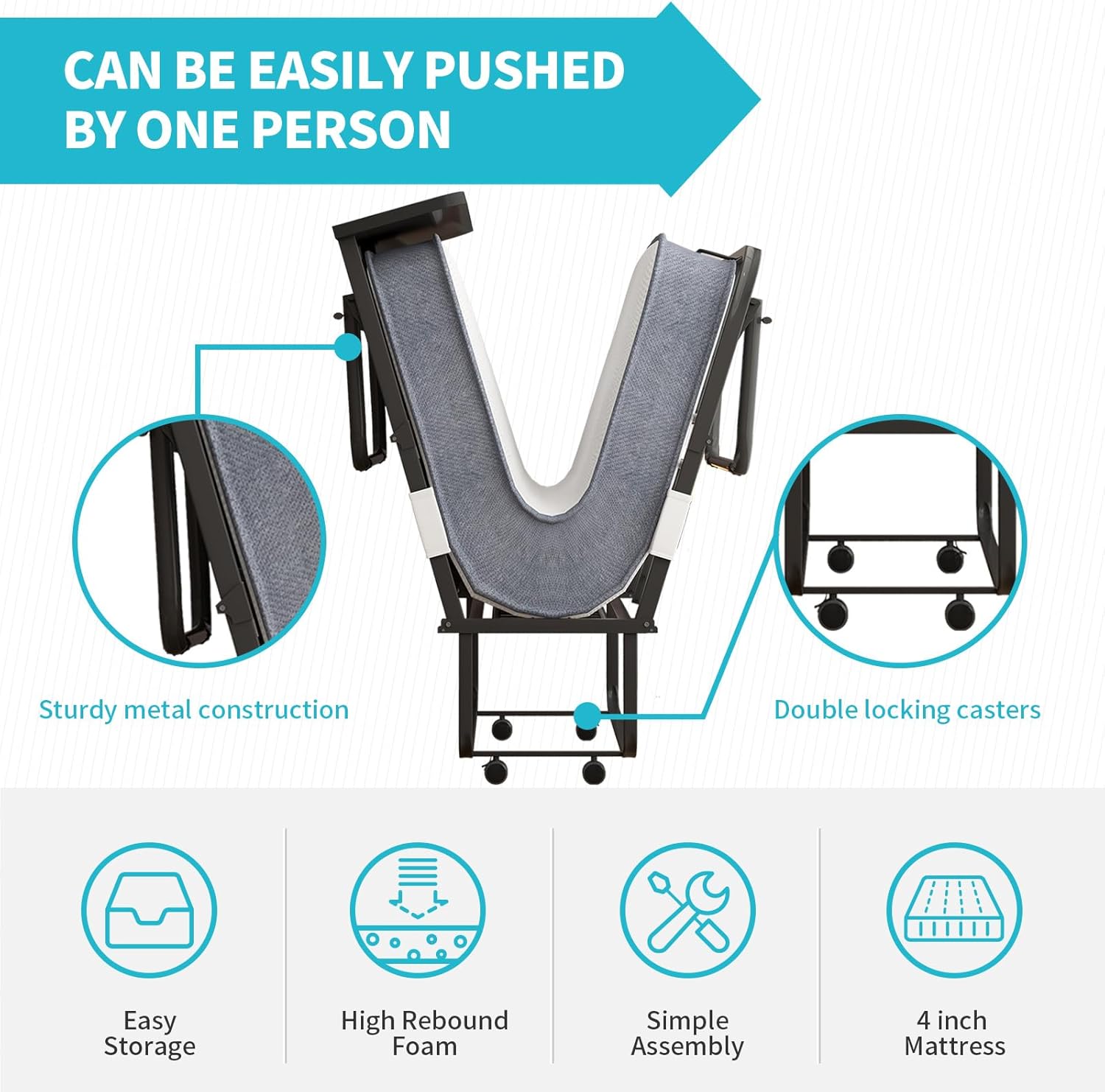 CECER Folding Bed with Mattress, 75" x 31" Rollaway Bed for Adults, 5 inch Thick Foam Mattress,Cot Size Portable Foldable Bed with Headboard & Sturdy Metal Frame,Fold Up, Roll Away - Image 8