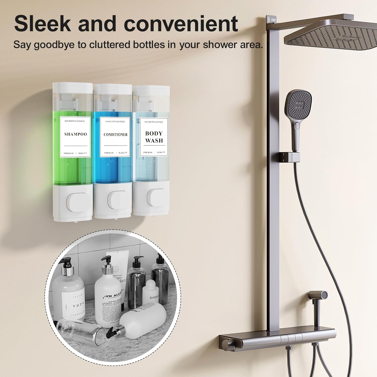 Shampoo and Conditioner Dispenser – Wall-Mounted Shower Soap Dispenser, No-Drill Installation, Lockable, 900 ml Capacity,for Bathroom & Hotel or Airbnb (White, 3-Pack) - Image 2