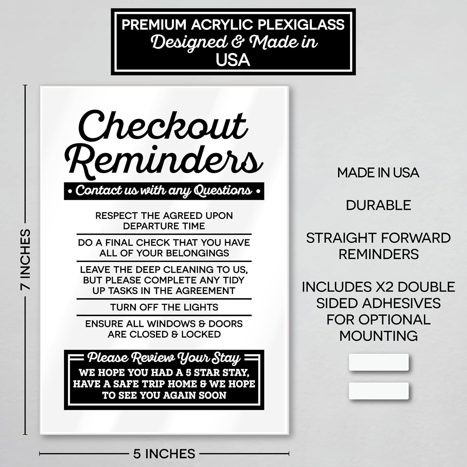 Acrylic Checkout Reminders Sign Compatible with Airbnb Essentials for Hosts Signs, 5x7 Air bnb Signs Standard Guidelines, Rental House Rules Sign Compatible with Airbnb Supplies for Guests, USA Made - Image 2