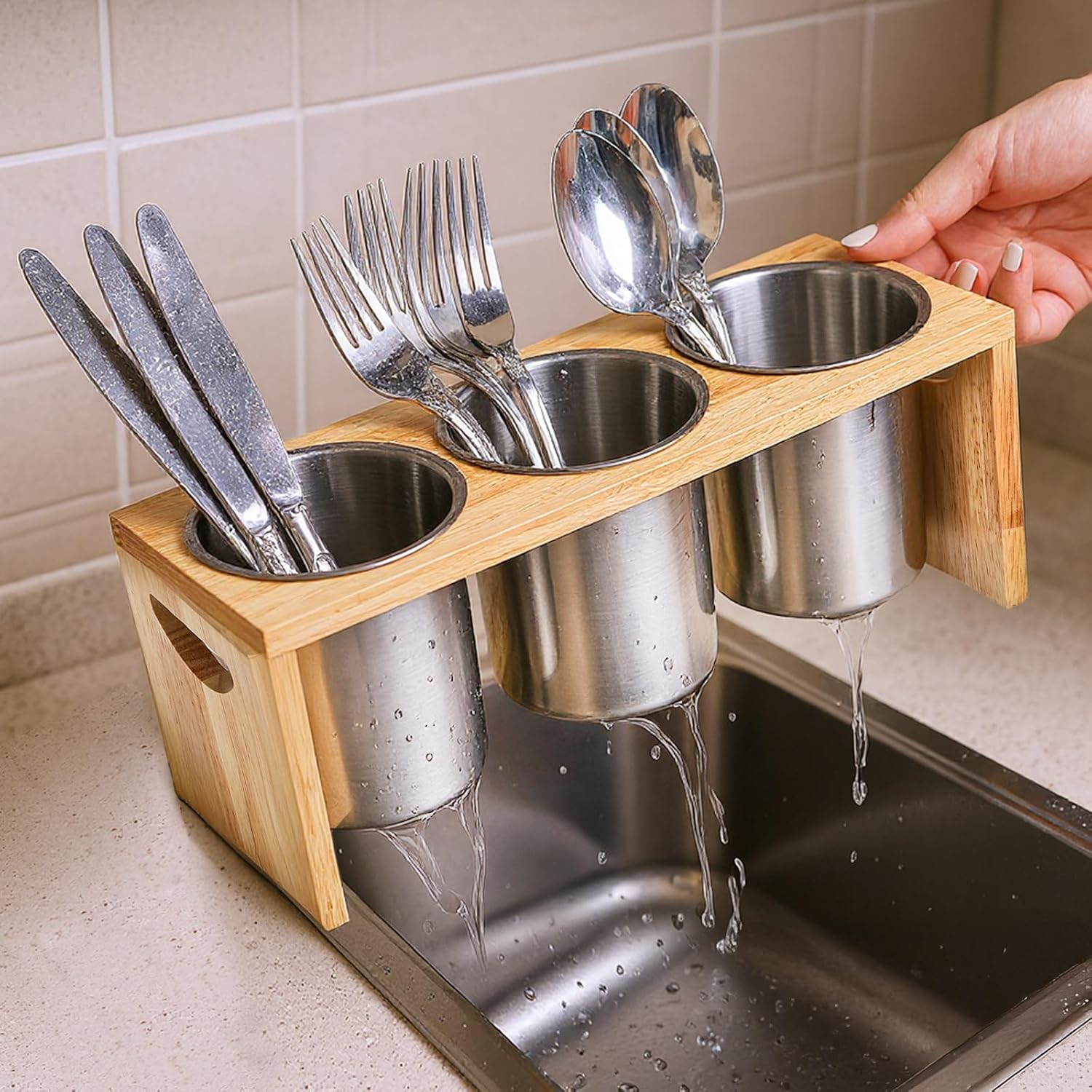ZOOFOX 3 Pack Silverware Holder, Stainless Steel Utensil Organizer with Wood Base, Flatware Caddy for Spoons, Knives and Forks, Great for Kitchen Table, Cabinet, Pantry - Image 7