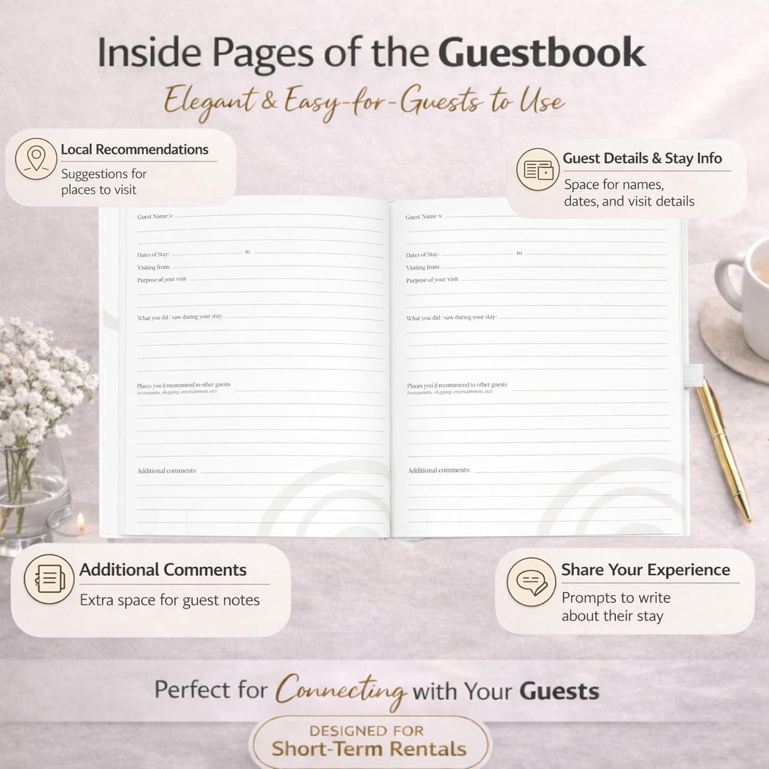 Paper 'n Such Guest Book for Rental House - Vacation Home Welcome Log - Short Term Rentals, Airbnb Essentials for Hosts, Hardcover Welcome Log - 7.5x9 Off White Neutral Color - Image 8