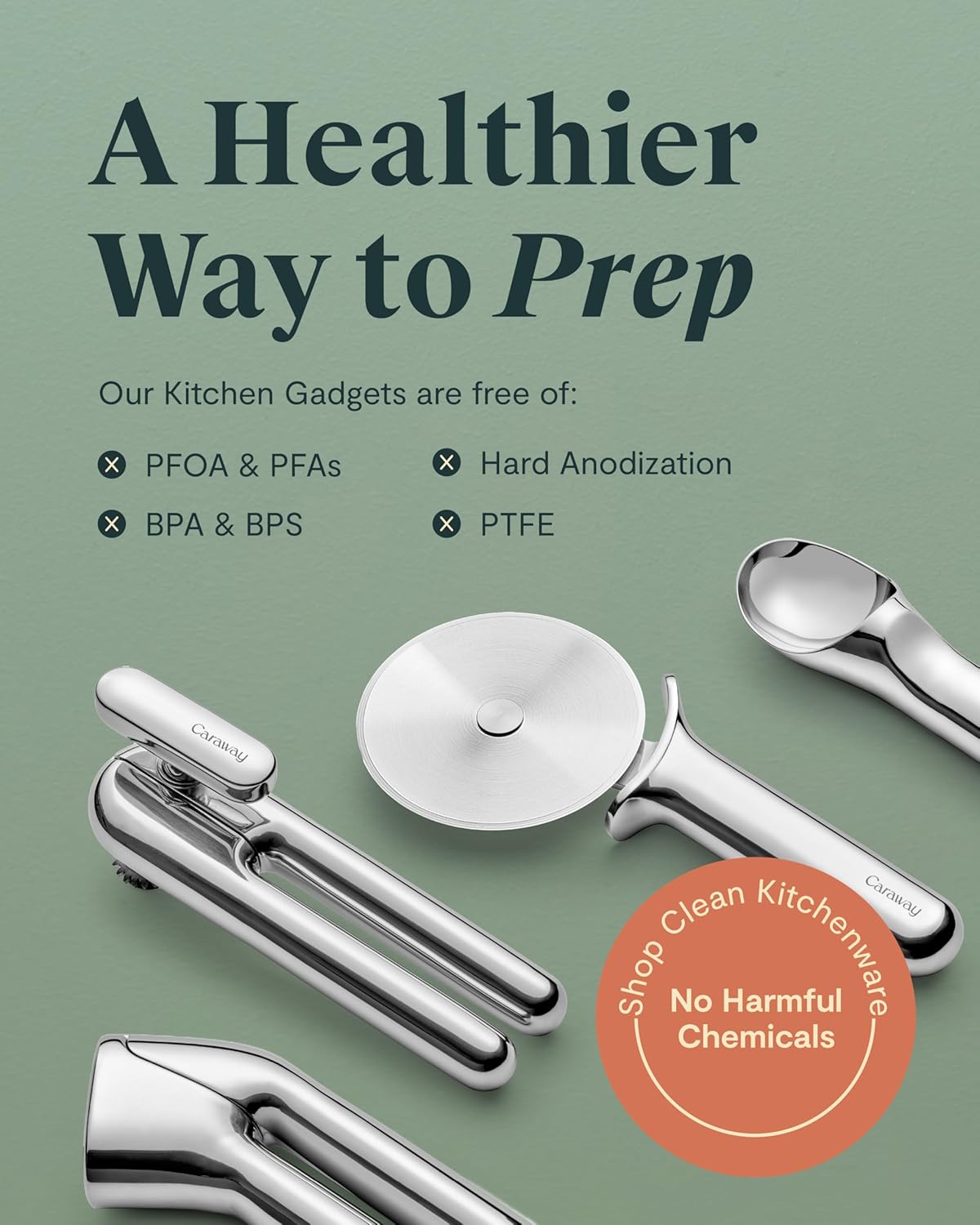 Caraway Kitchen Gadget Set - 5 Piece Kitchen Essentials - Stainless Steel - Includes Can Opener, Pizza Cutter, Garlic Press, Ice Cream Scoop, Vegetable Peeler, and Storage Organizer - Image 5