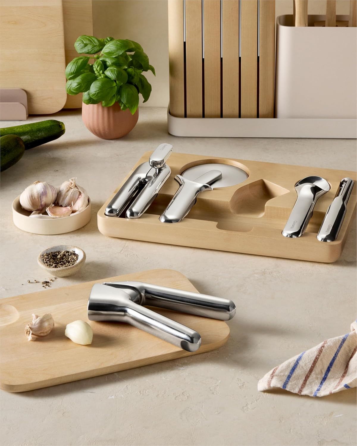 Caraway Kitchen Gadget Set - 5 Piece Kitchen Essentials - Stainless Steel - Includes Can Opener, Pizza Cutter, Garlic Press, Ice Cream Scoop, Vegetable Peeler, and Storage Organizer - Image 7
