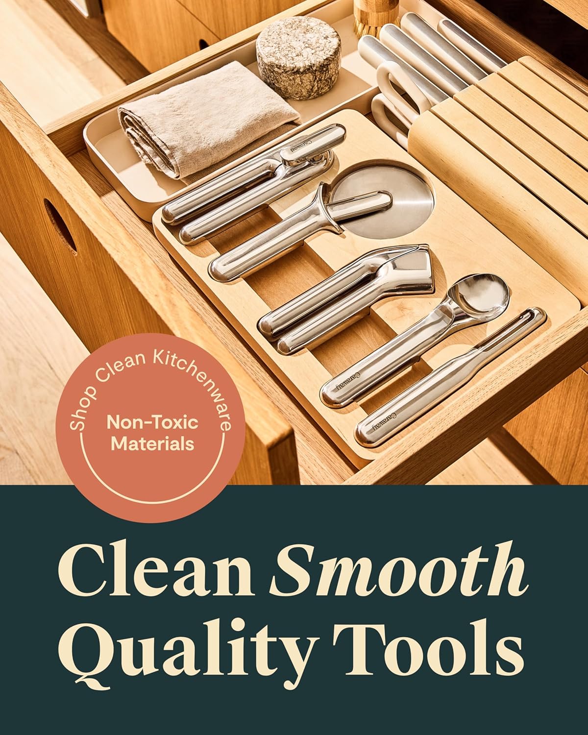 Caraway Kitchen Gadget Set - 5 Piece Kitchen Essentials - Stainless Steel - Includes Can Opener, Pizza Cutter, Garlic Press, Ice Cream Scoop, Vegetable Peeler, and Storage Organizer - Image 2