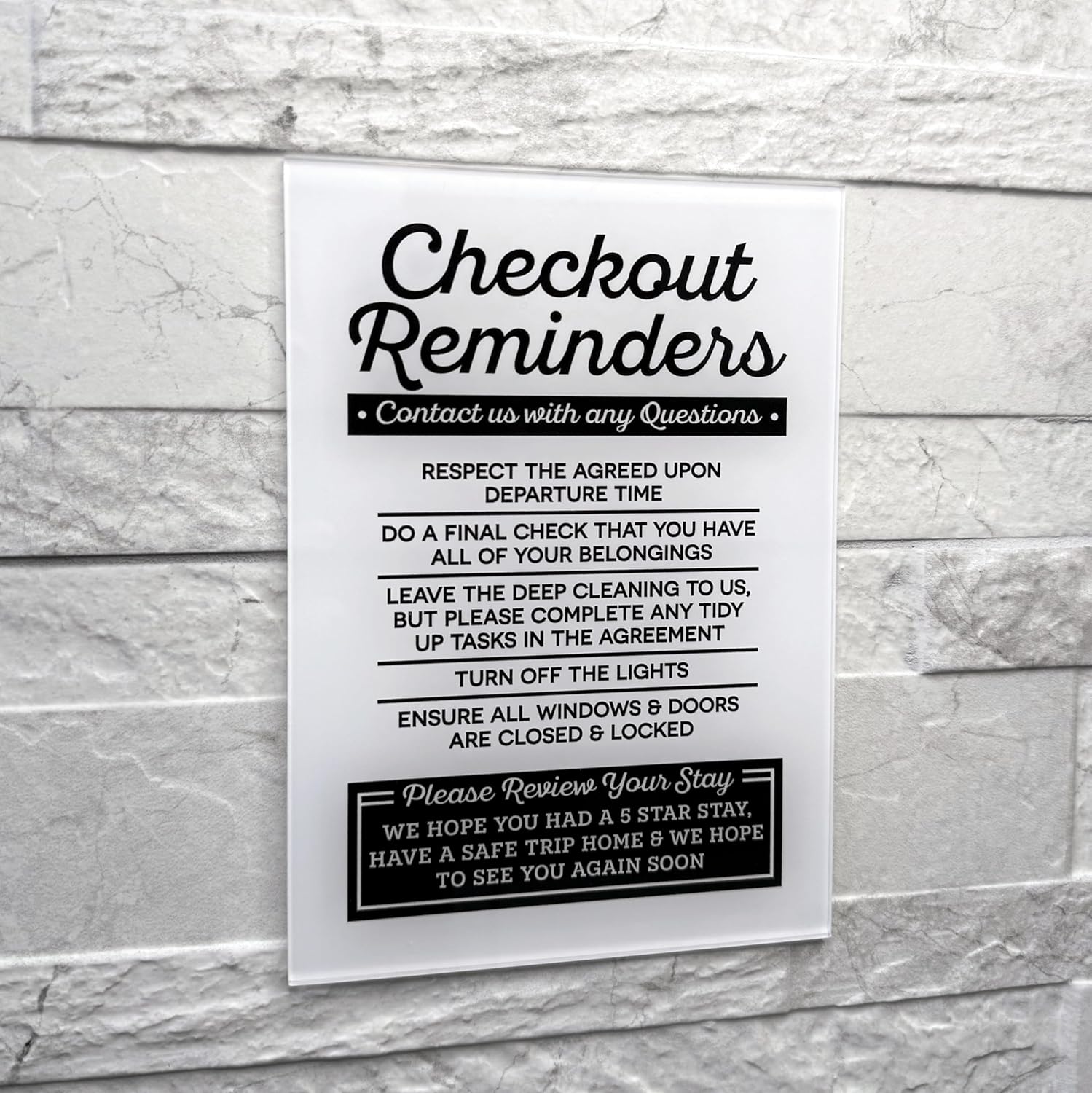 Acrylic Checkout Reminders Sign Compatible with Airbnb Essentials for Hosts Signs, 5x7 Air bnb Signs Standard Guidelines, Rental House Rules Sign Compatible with Airbnb Supplies for Guests, USA Made - Image 4