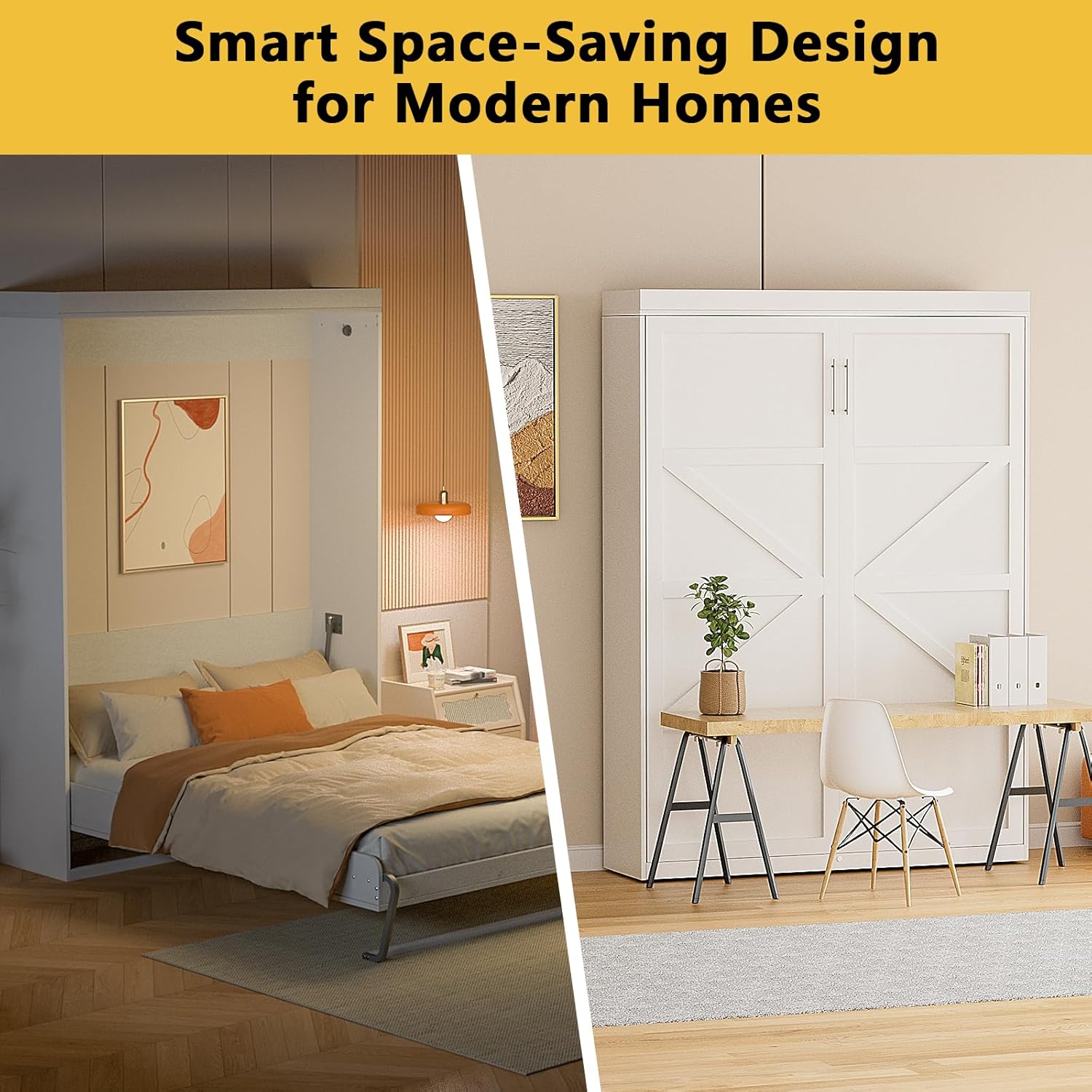 ROOMTEC Queen Size Murphy Bed with Smooth Pneumatic Lift, Space-Saving Wall Bed with Modern Cabinet Design, Easy Installation, Ideal for Guest Rooms, Home Offices, Fits 60"x80" Mattress - Image 6