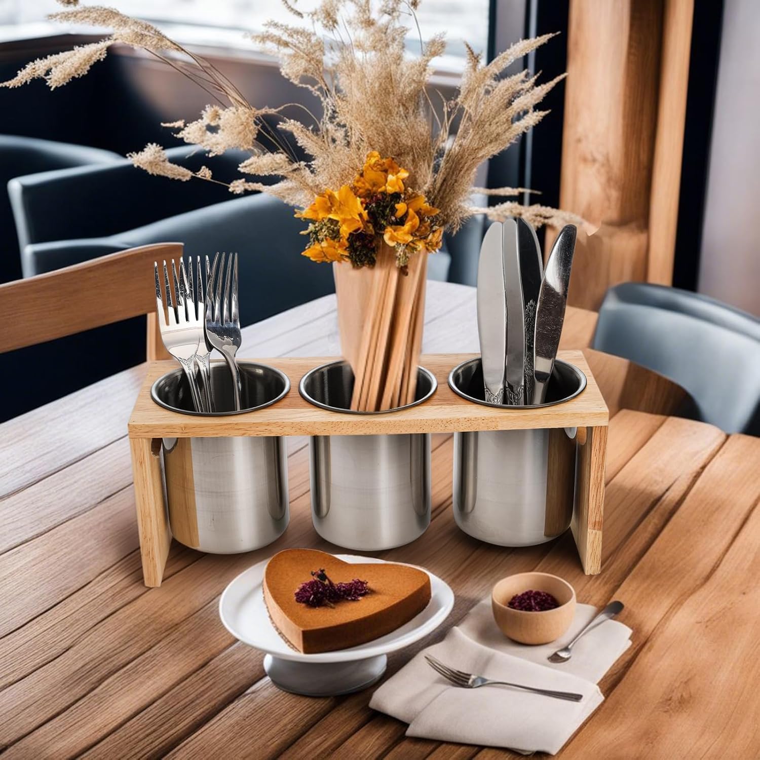 ZOOFOX 3 Pack Silverware Holder, Stainless Steel Utensil Organizer with Wood Base, Flatware Caddy for Spoons, Knives and Forks, Great for Kitchen Table, Cabinet, Pantry - Image 6
