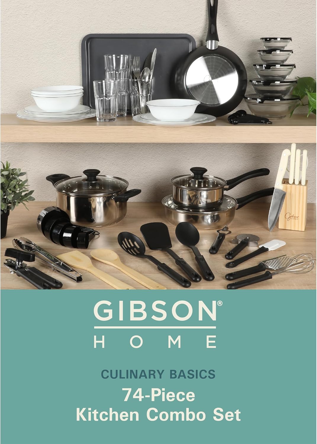 Gibson Home 74 Piece Kitchen in a Box Pots and Pans Cookware, Plates and Bowls Dinnerware, Cutlery Knife Block, Flatware Utensils, Tools & Gadgets, Storage, Glasses Set - Image 2
