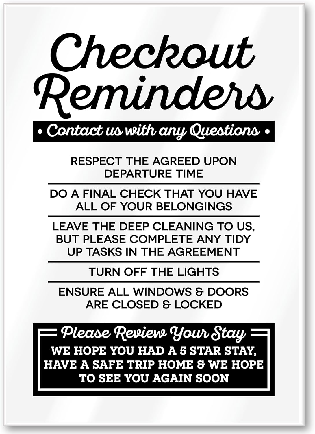 Acrylic Checkout Reminders Sign Compatible with Airbnb Essentials for Hosts Signs, 5x7 Air bnb Signs Standard Guidelines, Rental House Rules Sign Compatible with Airbnb Supplies for Guests, USA Made