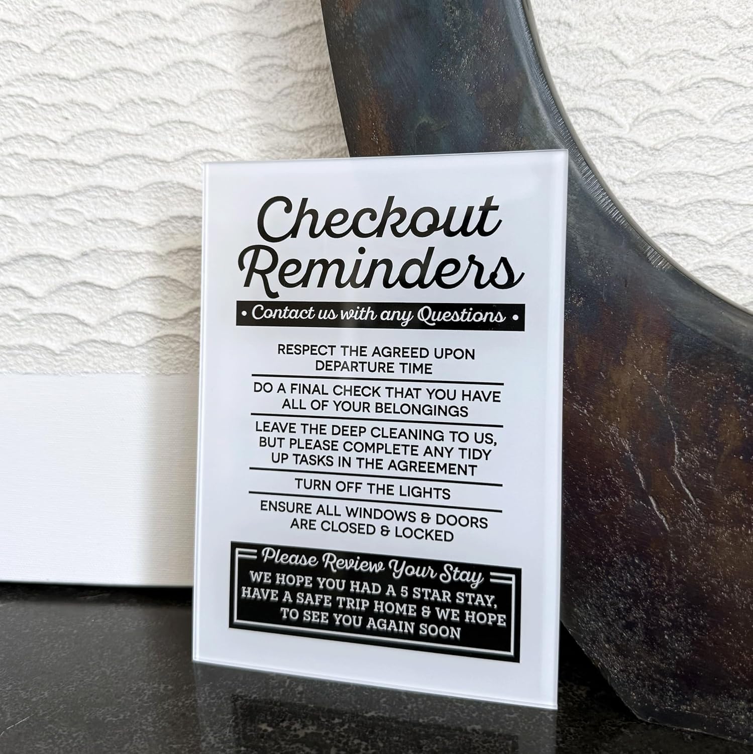 Acrylic Checkout Reminders Sign Compatible with Airbnb Essentials for Hosts Signs, 5x7 Air bnb Signs Standard Guidelines, Rental House Rules Sign Compatible with Airbnb Supplies for Guests, USA Made - Image 5